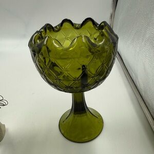 Vintage Indiana Glass Avocado Pedestal Compote With Diamond Starburst Pattern